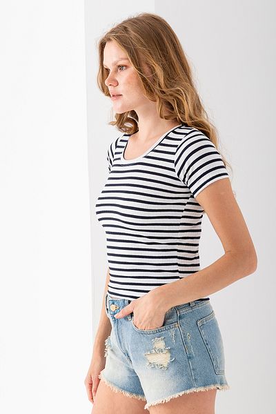 GİYSA Women's Crew Neck Striped Basic Body Navy Blue - 25509