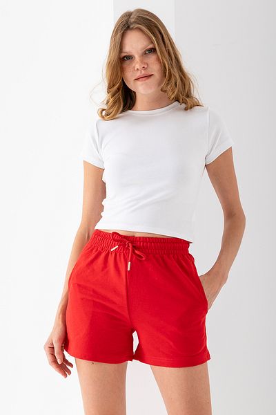 GİYSA Women's Adjustable Waist Double Pocket Basic Shorts Red - 10038