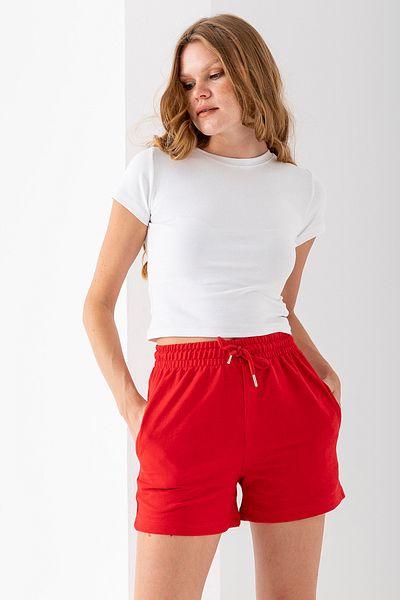 GİYSA Women's Adjustable Waist Double Pocket Basic Shorts Red - 10038