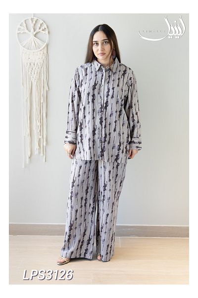 LINELLE Co-Ord Set – Grey and Black Vertical Tie-Dye Printed Shirt and Pant Cord Set.