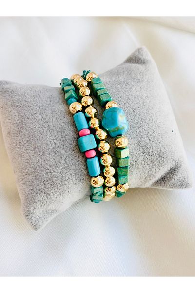 COCOSH TAKI Turquoise Wooden Beaded Multi-Combination Bracelet with Gold Details