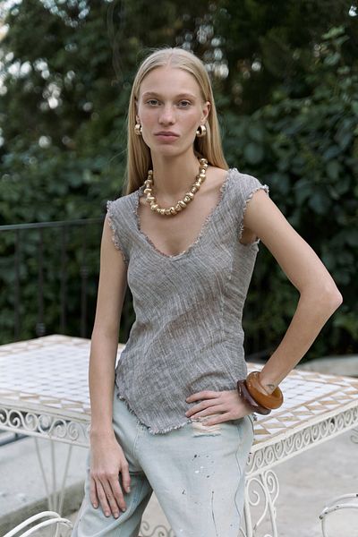 BOHEMAİ Veilinas Asymmetrical Brown Linen Crop