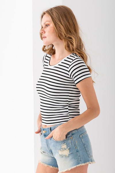 GİYSA Women's Crew Neck Striped Basic Body Black - 25509