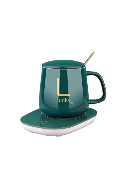 stuffix Cană inteligentă din ceramică pentru cafea, cu capac și linguriță, încălzitor USB, control al temperaturii la 55 de grade, verde