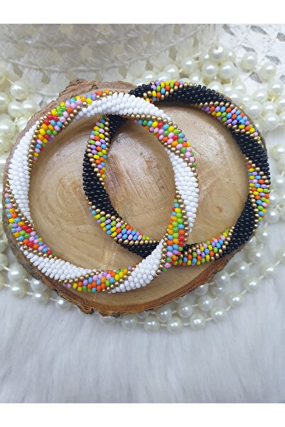 HAPPY HANDMADE سوار من الفولاذ المقاوم للصدأ مقاس 19 سم/سوار أبيض وأسود/هدية