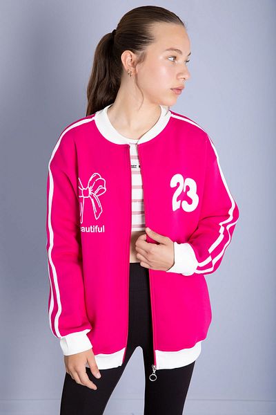 Cansın Mini Fuchsia Beautifull Written Sleeve Stripe Girl's College Cardigan 21194