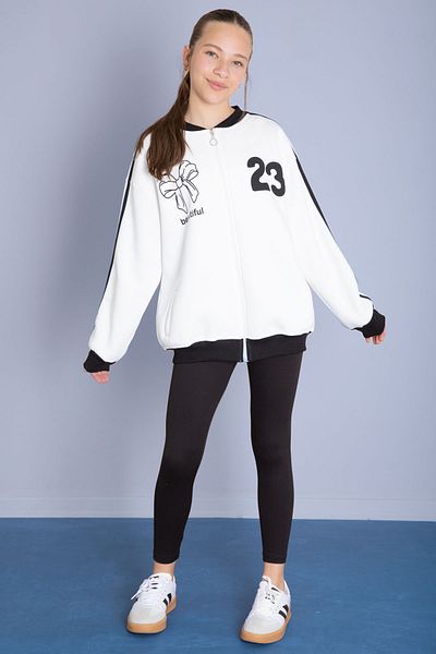 Cansın Mini Ecru Beautifull Written Sleeve Stripe Girl's College Cardigan 21192