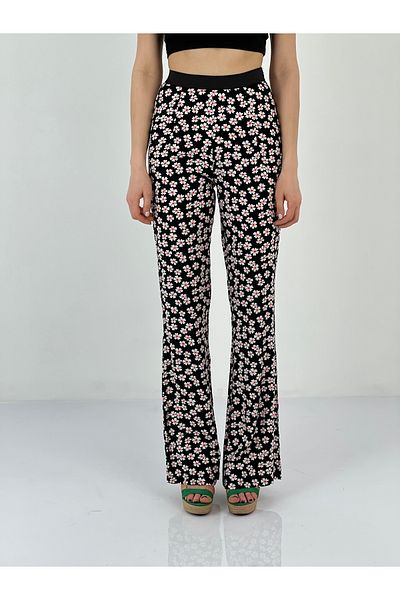 Miss Poem Women's Elastic Waist Floral Patterned Black Trousers
