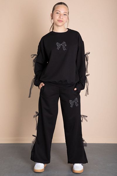 Cansın Mini Black Wide Leg Girls Tracksuit Set with Bow Detail on the Sides 21196