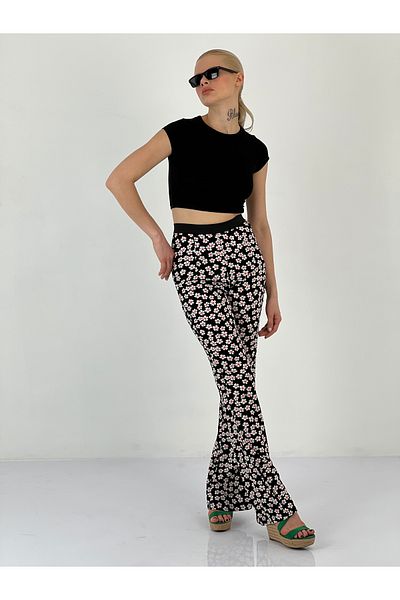 Miss Poem Women's Elastic Waist Floral Patterned Black Trousers