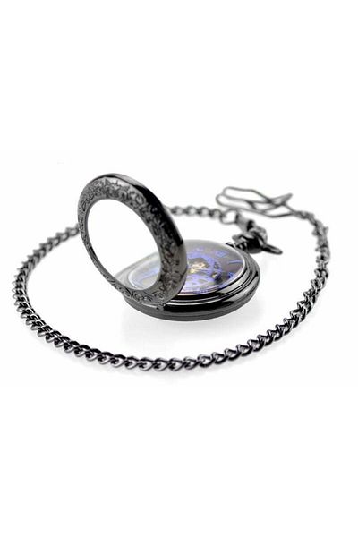 MBrands Pocket Watch, Black With Blue, Skeleton, Mechanical, With Chain, Vintage Style