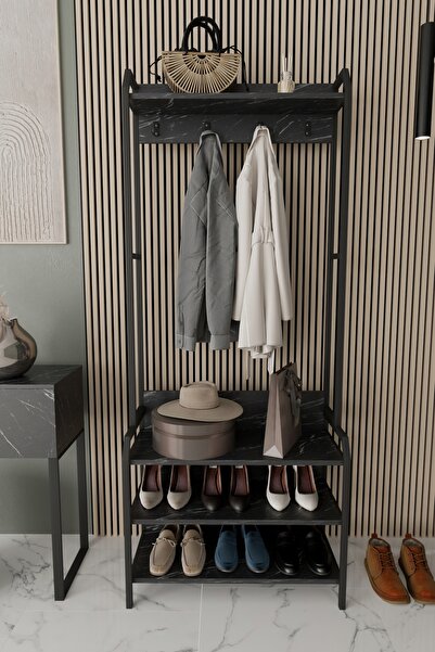 Remaks Jüpiter Konfeksiyon Askısı Ayaklı Askılık Elbise Askılığı Raflı Askılık Portmanto Siyah Mermer