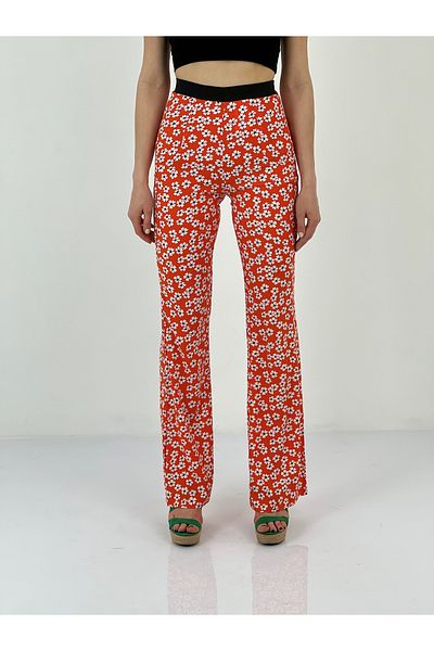 Miss Poem Women's Elastic Waist Floral Patterned Red Trousers