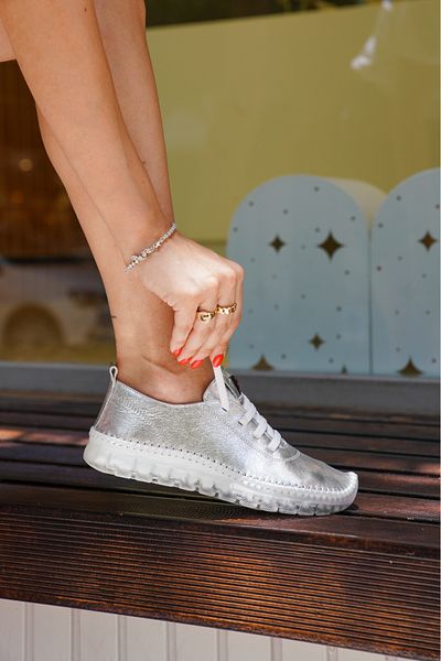 lovitto Soft Sole Inside and Outside Genuine Leather Women's Silver Shoes