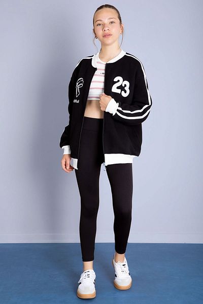Cansın Mini Black Beautifull Written Sleeve Stripe Girl's College Cardigan 21190