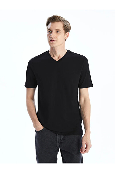 LC Waikiki Black V-Neck Short Sleeve Combed Cotton Men's T-Shirt