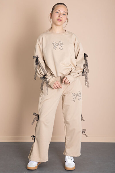 Cansın Mini Beige Wide Leg Girl's Tracksuit Set with Bow Detail on the Sides 21199