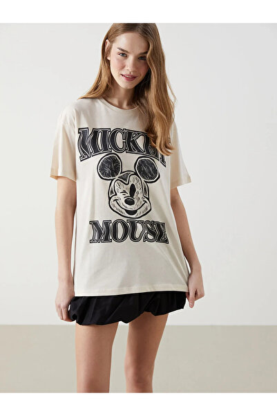 LC Waikiki Beige Mickey Mouse Printed 100% Cotton Women's T-Shirt