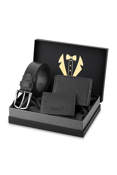 Polo Air Men's Groom Dowry Bundle 100% Genuine Leather Wallet Card Holder Belt Set Black Color Dm-8002-S