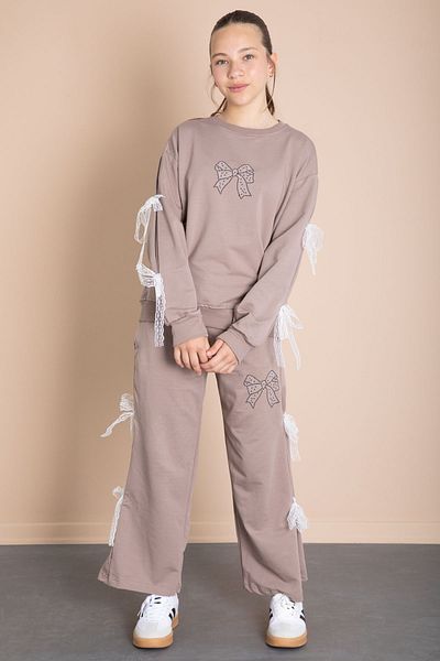 Cansın Mini Brown Wide Leg Girl's Tracksuit Set with Bow Detail on the Sides 21198