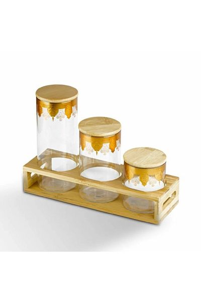 BASURRAH 3-piece spice box set with stand