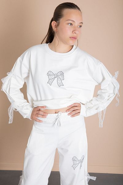Cansın Mini Ecru Wide Leg Girl's Tracksuit Set with Bow Detail on the Sides 21197