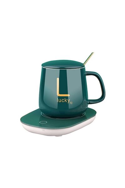 stuffix Cană de cafea inteligentă din ceramică cu capac și linguriță, încălzitor USB, control al temperaturii la 55 de grade, verde