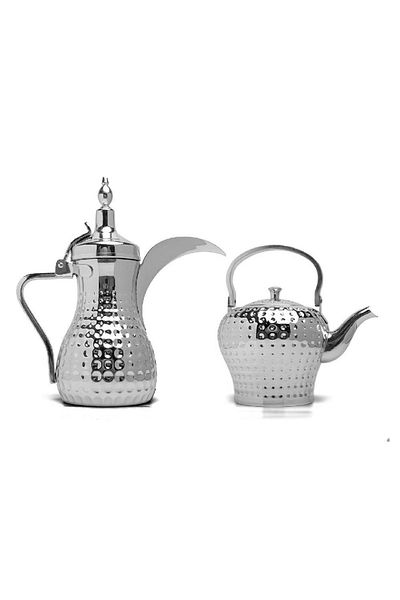 BASURRAH Luxury Silver Dallah and Kettle Set, 1.3-2 Liters
