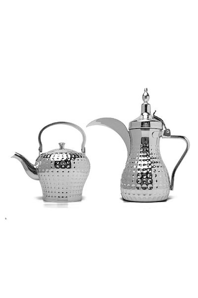 BASURRAH Luxury Silver Dallah and Kettle Set, 1-1.6 Liter Capacity