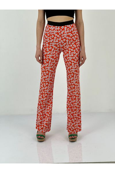 Miss Poem Women's Elastic Waist Floral Patterned Red Trousers