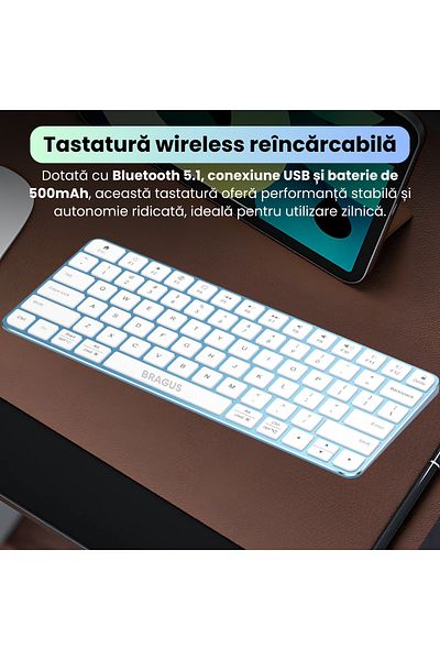 BRAGUS Rechargeable wireless keyboard, Bluetooth 5.1, USB, 500mAh, aluminum, All Devices, blue