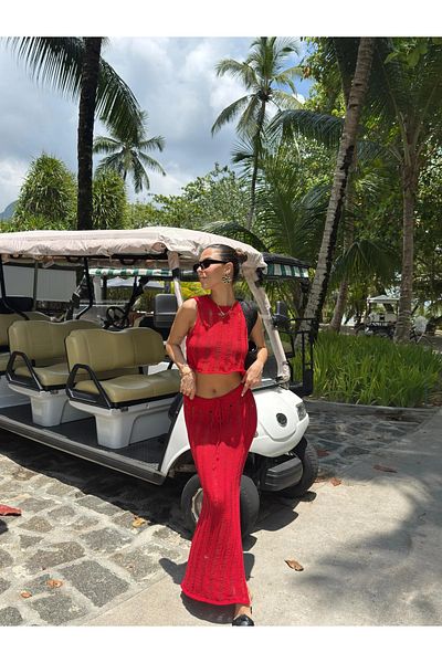 My Blog Red Beach Blouse Skirt Set - 7259
