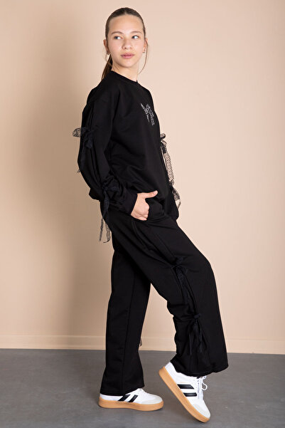 Cansın Mini Black Wide Leg Girls Tracksuit Set with Bow Detail on the Sides 21196