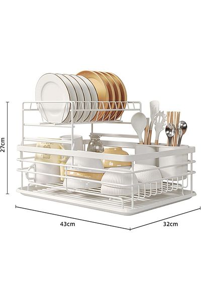 COOYA 2 layer Metal Dish Drying Rack with Tray, 43x33x15cm, Anti-Rust Removable, Organizer shelf