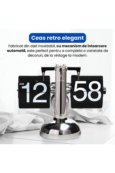 BRAGUS Retro, analog clock, suitable for a variety of decors, automatic, solid metal, black-stainless steel
