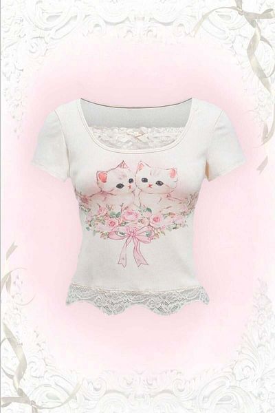 Karakedi Sweet Cats White Lace Collar Short Sleeve Bodysuit
