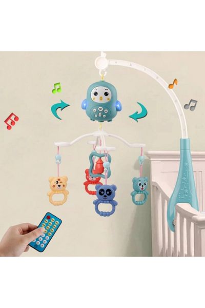 Royal Happy Owl Rotating Musical Carousel with Remote Control, Music and Light, 5 Removable Toys, Turquoise