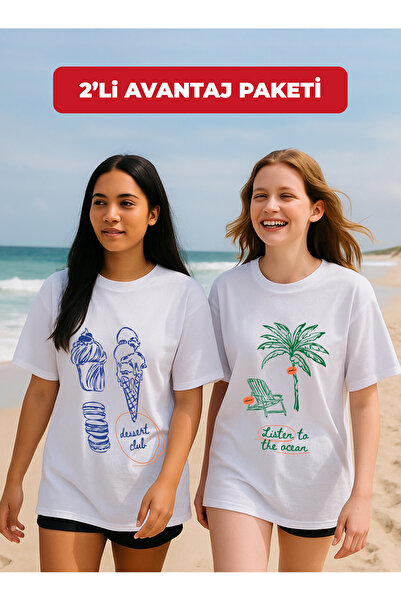 Plaza Butik Pachet de 2 tricouri oversize imprimate pentru femei