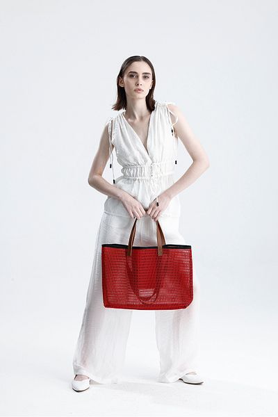 HEYBE'S Women's Red Honeycomb Pattern Transparent Large Size Beach and Shopping Shopper Tote Shoulder Bag