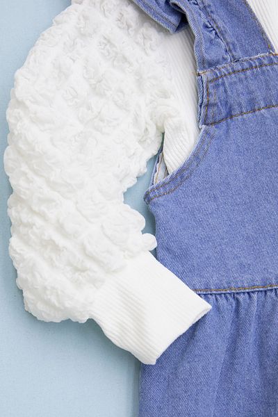 Cansın Mini Blue Ruffled Salopet and Sleeve Detailed Badi Girl's 2-Piece Set 20657