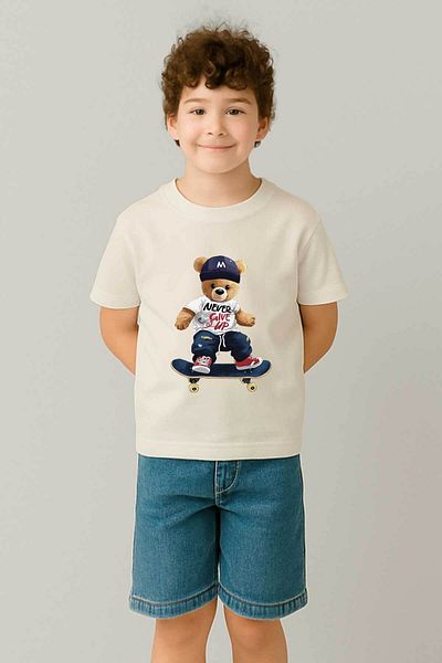peki baby&kids Pekierkek Çocuk Combed Cotton Skateboard Teddy Printed T-Shirt 19479