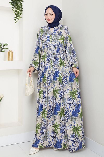 InStyle Mixed Palm Pattern Saks Blue Viscose Dress