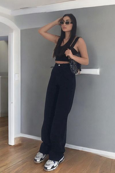 Livik Eva Women's Black Extra High Waist Stretchy Waist Pocket Detailed 90's Wide Leg Jeans