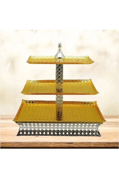 BASURRAH Large rectangular gold metal three-tier dessert serving platter