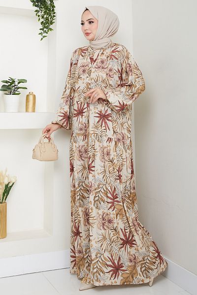 InStyle Mixed Palm Pattern Brown Viscose Dress