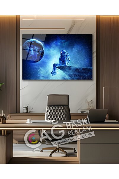 Mgi Design Dünya Uzay Astronot Göz Alıcı Şık Cam Tablo Modern Ev Ofis Salon D...