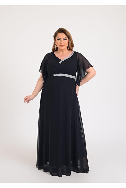 LİLAS XXL 2409 Büyük Beden Mendil Kol Şerit Taş Detay Şifon Uzun Elbise