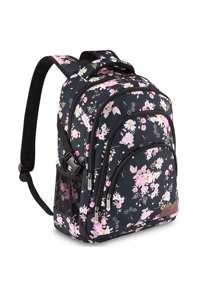 zagatto Rucsac școlar pentru fete, model floral negru, potrivit pentru laptop de 17”, impermeabil, 7 buzunare, ZG879