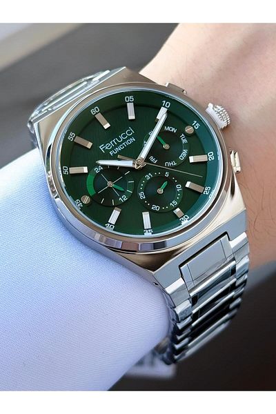 Ferrucci Men's Silver Green Functions Active Metal Cord Wrist Watch
