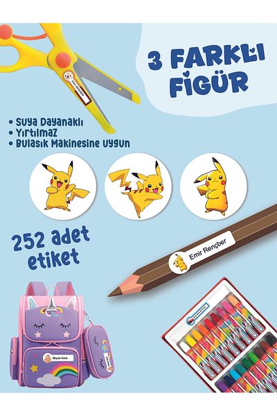 YUNUS COPY School Label Pen Notebook Label Pikach Themed Special Name Writable Label - 252Pcs
